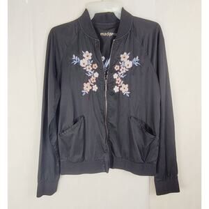 Madden NYC black satin floral embroidered jacket Size medium Y2K Boho Cottage